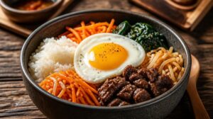 Korejské národní jídlo Bibimbap s rýží, zeleninou, masem a vejcem