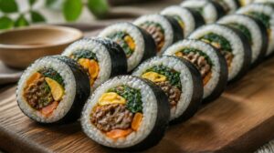 Korejské rýžové rolky Gimbap se zeleninou, vajíčkem a hovězím masem