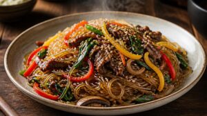 Korejské smažené skleněné nudle Japchae s hovězím masem a zeleninou