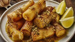 Kořenová zelenina Yucca con Mojo přelitá teplou česnekovo-cibulovou omáčkou