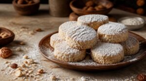 Křehké svatební sušenky Polvorones s mletými ořechy a moučkovým cukrem