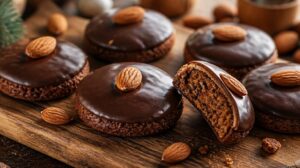 Křehké vánoční perníčky Lebkuchen s mandlí a čokoládovou polevou