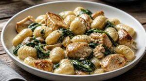 Krémové gnocchi s kuřecím masem, špenátem a česnekem