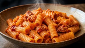 Krémové rigatoni alla amatriciana s rajčaty a slaninou