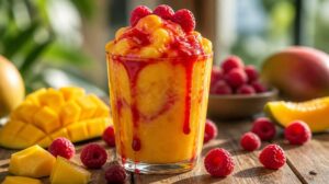 Křupavá mango ledová tříšť s malinovým sirupem: Barevný letní hit pro děti i dospělé bez chemických barviv