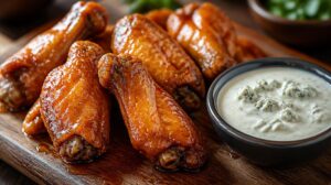 Křupavá pikantní kuřecí křídla Buffalo Wings s omáčkou z modrého sýra