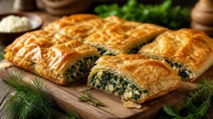 Křupavá řecká Spanakopita: Tradiční koláč z listového nebo filo těsta plněný špenátem a sýrem feta