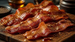 Křupavá slanina glazovaná javorovým sirupem a hrubozrnným pepřem