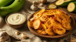 Křupavé banánové chipsy Mariquitas neboli Chicharritas s česnekovým dipem