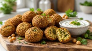 Křupavé falafel kuličky pečené v troubě s jogurtovým dipem