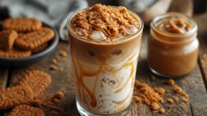 Křupavé Iced Lotus Latte: Ledová káva s rozpuštěným pomazánkovým karamelem a drcenými sušenkami Lotus