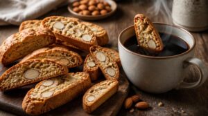 Křupavé kávové sušenky Cantuccini s mandlemi: Tradiční toskánské suchary dvakrát pečené ideální k namáčení do kávy