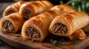 Křupavé listové roličky Sausage Rolls plněné mletým masem a bylinkami