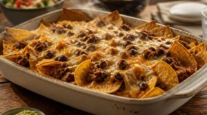 Křupavé nachos zapečené s mletým masem, fazolemi a sýrem