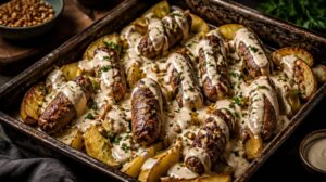 Křupavé palestinské kofty v tahini omáčce (Kafta bi Tahini): Šťavnaté válečky z mletého masa zapečené s bramborami v krémové sezamové lázni