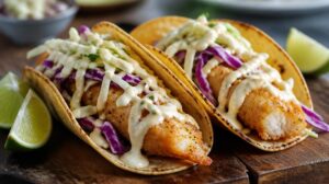 Křupavé rybí tacos Fish Tacos po kalifornsku s bílým zelím a limetkovou majonézou