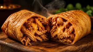 Křupavé smažené burrito Chimichanga s trhaným kuřecím masem z pánve