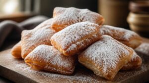 Křupavé smažené taštičky Beignets sypané moučkovým cukrem: Nadýchané koblížky z New Orleans s francouzskými kořeny