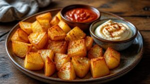 Křupavé španělské brambory s pikantní rajčatovou omáčkou a aioli