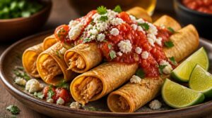 Křupavé srolované tacos Flautas s kuřecím masem, salsou a sýrem Cotija