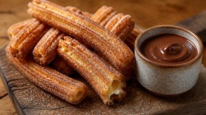 Křupavé tyčinky Churros obalené ve skořicovém cukru s horkou čokoládou