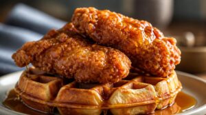 Křupavé vafle se smaženým kuřetem Chicken and Waffles přelité medem