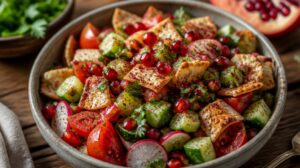 Křupavý blízkovýchodní salát Fattoush: Barevná letní zelenina s domácími pita krutony, granátovým jablkem a sumachem