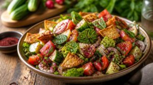 Křupavý libanonský salát Fattoush: Barevná letní zelenina s domácími pita krutony a voňavým sumachem