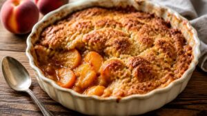 Křupavý ovocný dezert Peach Cobbler s pečenými broskvemi