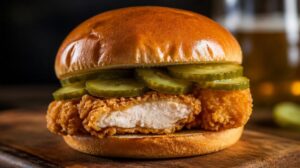 Křupavý sendvič s domácím smaženým kuřetem Fried Chicken a nakládanou okurkou