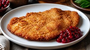 Křupavý vepřový řízek Wiener Schnitzel po německu s brusinkami