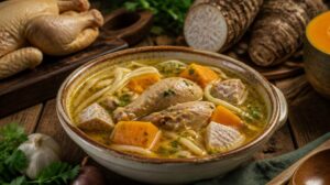 Kubánská kuřecí polévka Sopa de Pollo s nudlemi, bramborami a dýní malanga