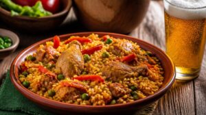 Kubánské kuře s rýží Arroz con Pollo s pivem, šafránem, paprikou a hráškem