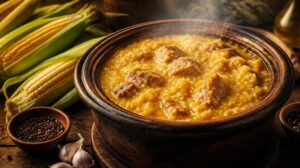 Kukuřičný tamal po kubánsku Tamal en Cazuela vařený v hrnci s kousky vepřového masa