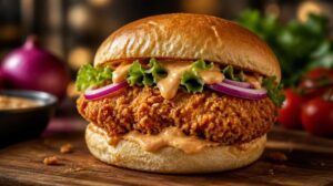 Kuřecí burger v křupavé panko strouhance s pikantní majonézou