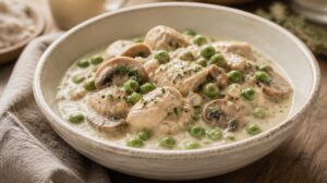 Kuřecí fricassee Hühnerfrikassee s hráškem, žampiony a bílou omáčkou