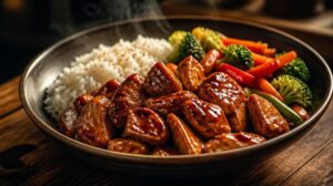 Kuřecí kousky v omáčce Teriyaki s restovanou zeleninou a rýží