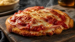 Kuřecí řízek Chicken Parmi zapečený s rajčatovou omáčkou, šunkou a sýrem