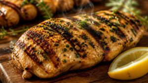 Kuřecí steak na grilu se středomořskou bylinkovou marinádou a citronem