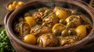 Kuřecí tažín s nakládanými slanými citrony a zelenými olivami