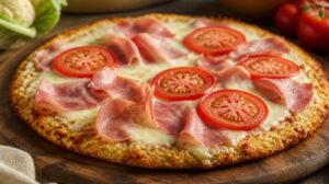 Květáková pizza s mozzarellou, rajčaty a šunkou
