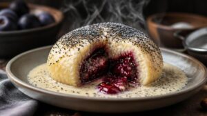 Kynuté knedlíky Germknödel plněné povidly s vanilkovou omáčkou a mákem