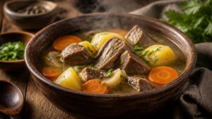 Kyrgyzská sytá polévka Šurpa s obřími kusy skopového masa, bramborami a mrkví
