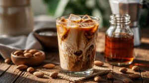 Ledová káva s mandlovým mlékem a javorovým sirupem: Jemná veganská alternativa s příjemnou oříškovou chutí