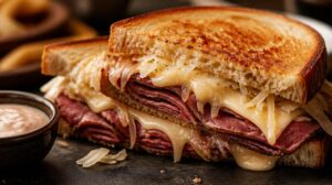 Legendární sendvič Reuben s pastrami, kysaným zelím a švýcarským sýrem
