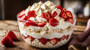 Letní ovocný dezert Eton Mess s jahodami, pusinkami a šlehačkou