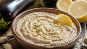 Lilekový dip Baba ghanoush s tahini, česnekem a citrónem