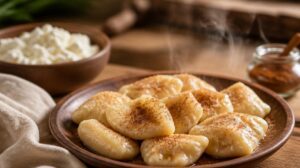 Líné pirohy Pierogi leniwe z tvarohového těsta s cukrem a skořicí