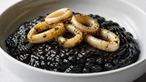 Luxusní černé rizoto se sépiovým barvivem a kalamáry