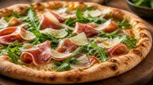 Luxusní pizza s parmskou šunkou, rukolou a parmazánovými hoblinami